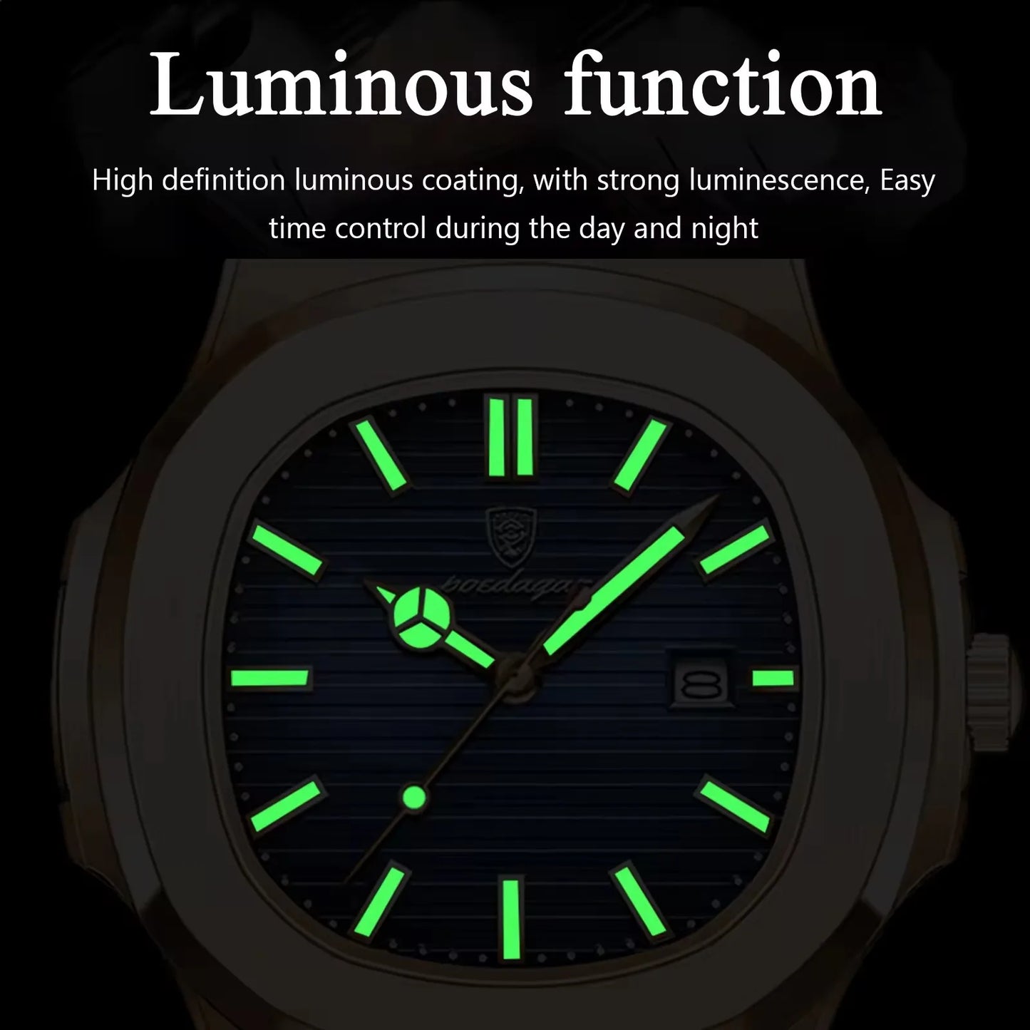 Poedagar 613 Gold Luxury Fashion Quartz Watch for Men Business Stainless Steel Leather Waterproof Luminous Square Men's Watch-2
